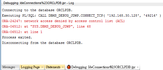 SQL Developer - ORA-24247 when using DBMS_DEBUG_JDWP