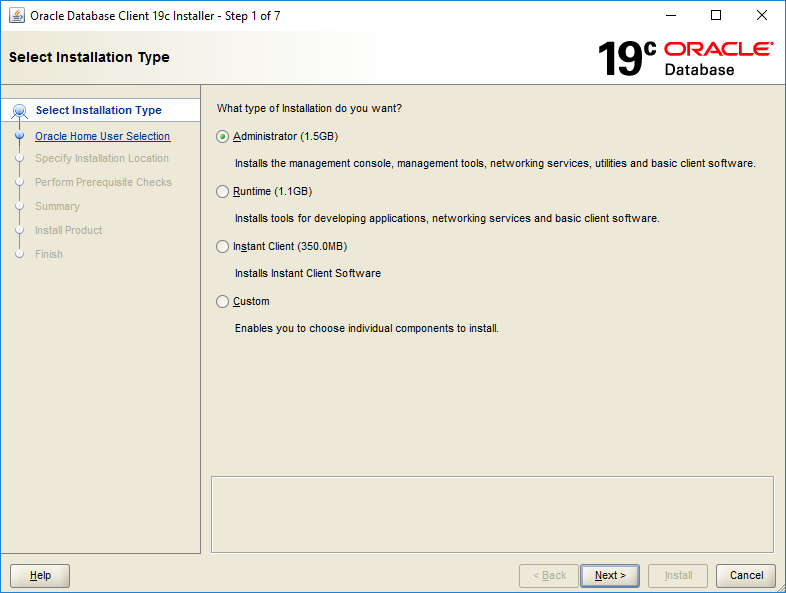 Oracle Client 19c Installation - Step 1 - Select Installation Type