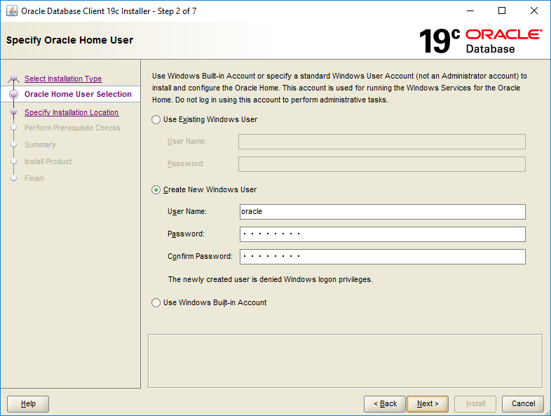 Oracle Client 19c Installation - Step 2 - Oracle Home User Selection