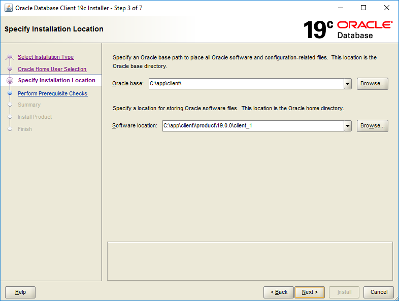 Oracle Client 19c Installation - Step 3 - Specify Installation Location