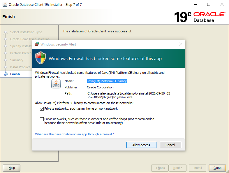 Windows Security Alert on Oracle Client 19c APP