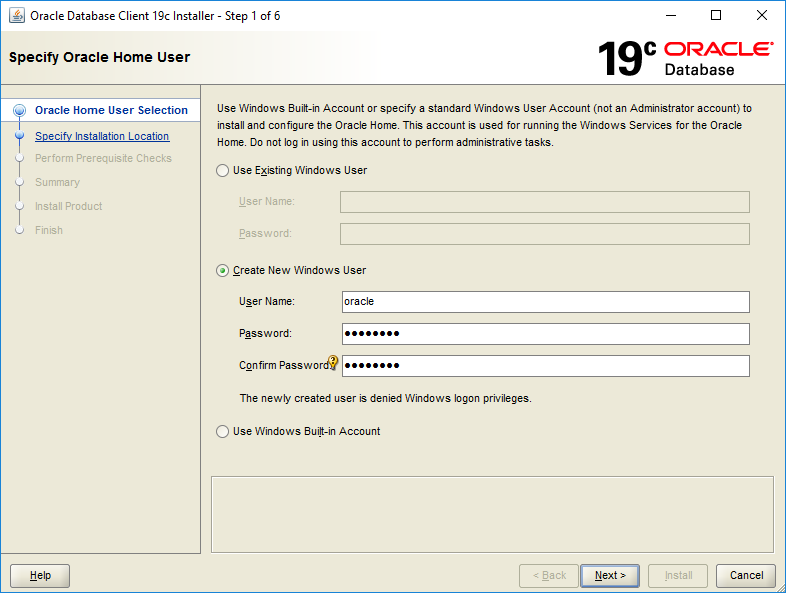 Oracle Client Home 19c Installation - 01 - Specify Oracle Home User 