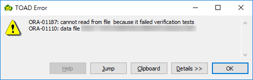 ORA-01187: cannot read from file because it failed verification tests