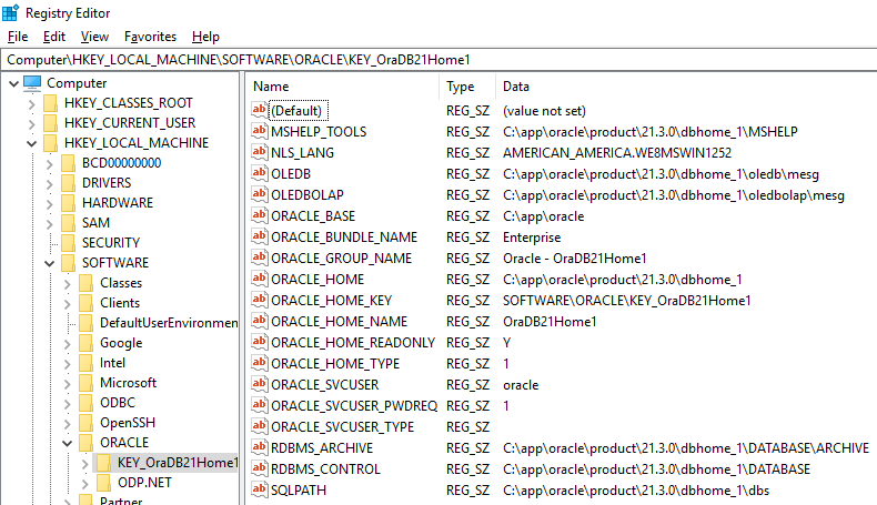 Oracle Database 21c Software Registries on Windows