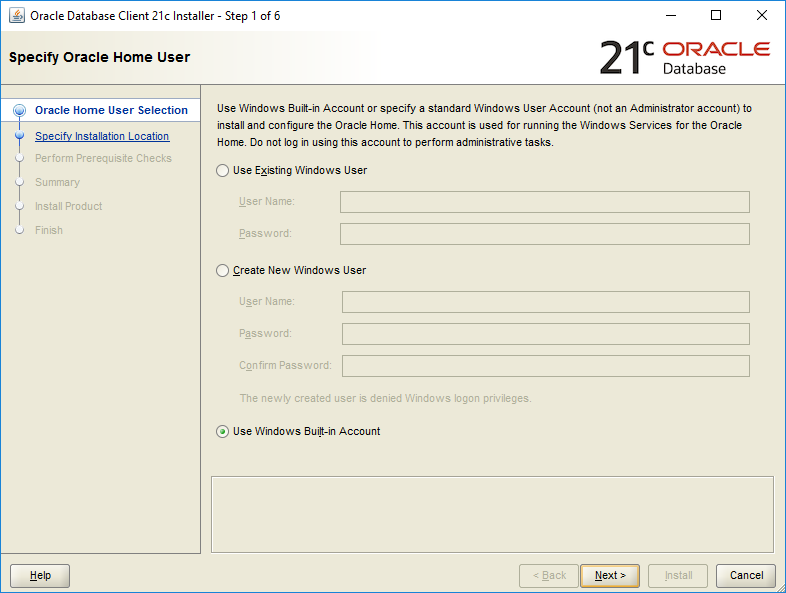 Oracle Client Home 21c Installation - 01 - Specify Oracle Home User