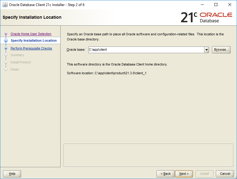 Oracle Client Home 21c Installation - 02 - Specify Installation Location