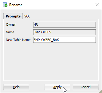 SQL Developer - Rename Table Dialog