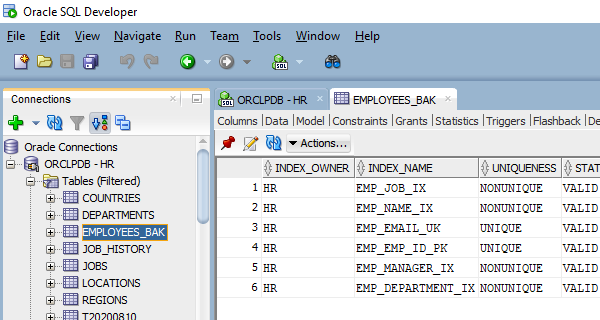 SQL Developer - Renamed Table - Indexes