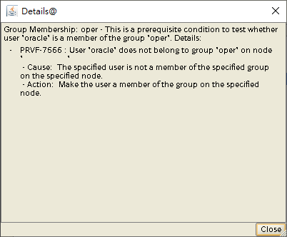PRVF-7566 : User "oracle" does not belong to group "oper" on node