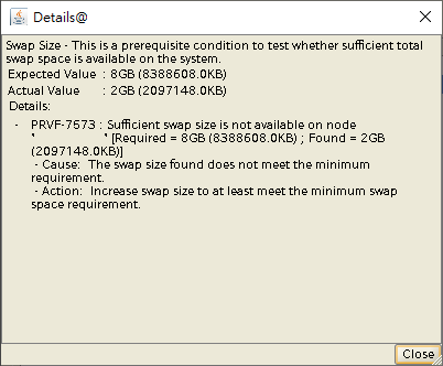 PRVF-7573 : Sufficient swap size is not available on node