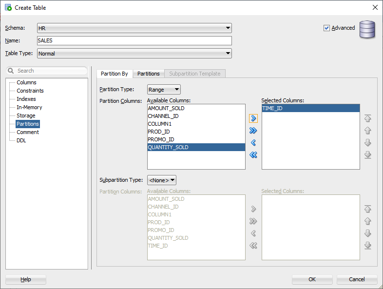 SQL Developer - Create Table Builder - Select Partition Key
