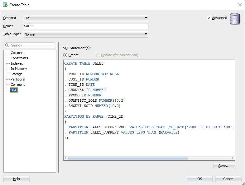 SQL Developer - Create Table Builder - DDL