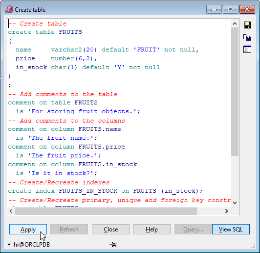 PL/SQL Developer - Create Table - Preview DDL