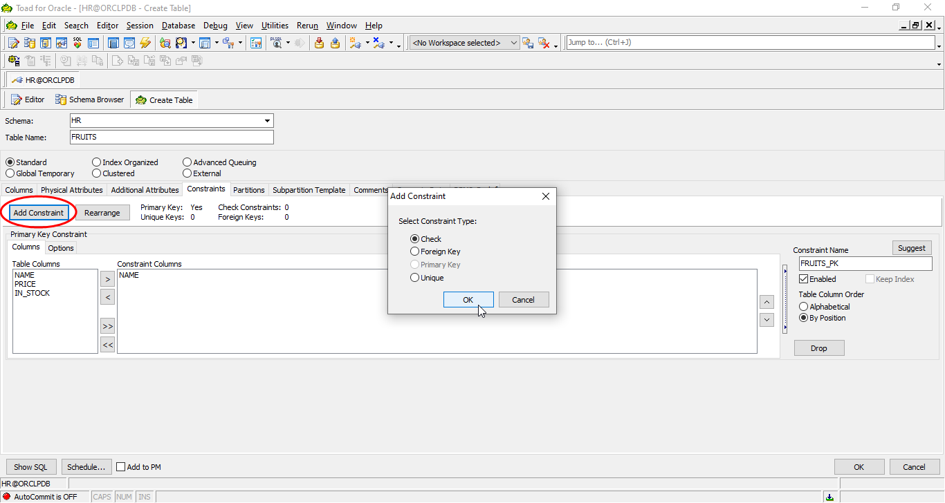 Toad for Oracle - Create Table - Add Constraint