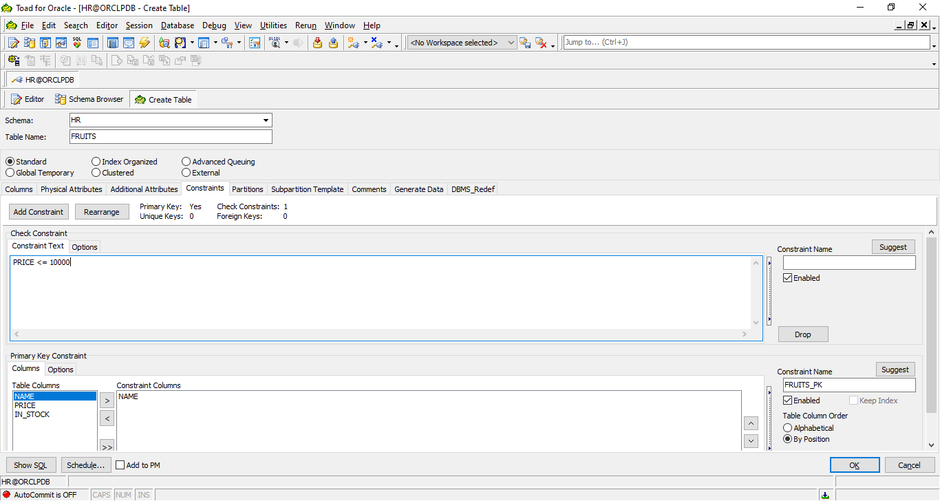 Toad for Oracle - Create Table - Check Constraint