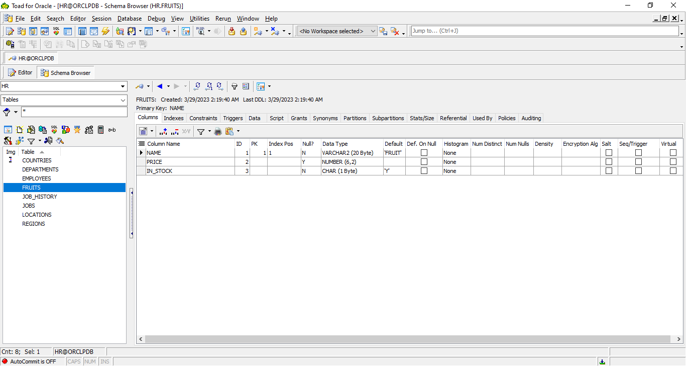 Toad for Oracle - Create Table - Table Created
